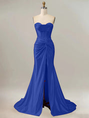Royal Blue Mermaid Strapless Sweetheart Corset Long Prom Dress with Slit