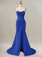 Royal Blue Mermaid Strapless Sweetheart Corset Long Prom Dress with Slit