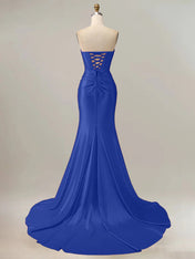 Royal Blue Mermaid Strapless Sweetheart Corset Long Prom Dress with Slit