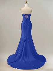 Royal Blue Mermaid Strapless Sweetheart Corset Long Prom Dress with Slit