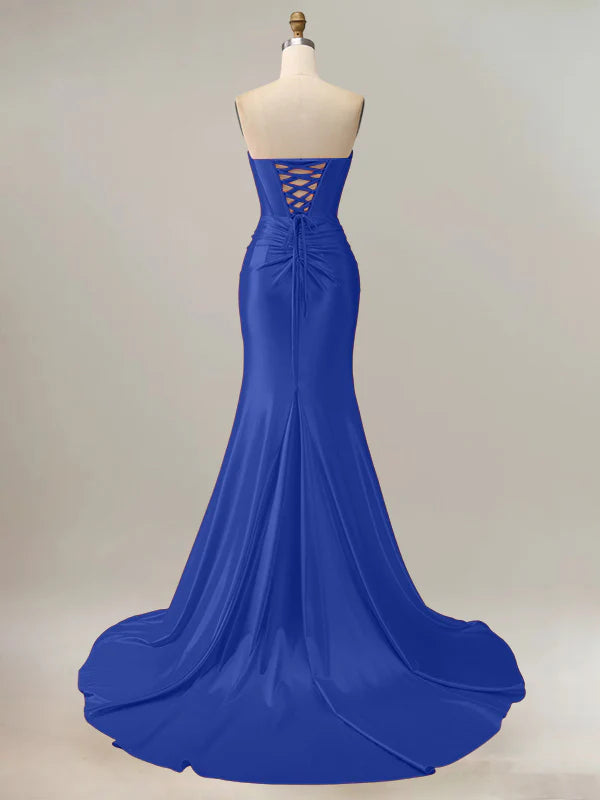 Royal Blue Mermaid Strapless Sweetheart Corset Long Prom Dress with Slit