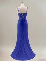 Royal Blue Mermaid Spaghetti Straps Corset Long Prom Dress With Beading