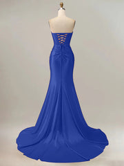 Royal Blue Mermaid Strapless Sweetheart Corset Long Prom Dress with Slit