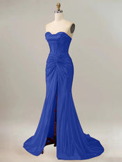 Royal Blue Mermaid Strapless Sweetheart Corset Long Prom Dress with Slit