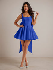 A-Line Square Neck Pleated Mini Homecoming Dress with Bow