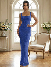 Sparkly Champagne Crystal Mesh Square Neck Long Prom Dress