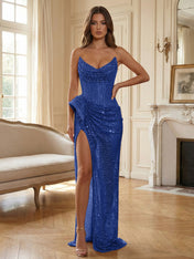 Champagne Gold Crystal-Embellished Corset Long Prom Dress with Slit