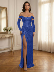 Glamorous Sequined Off-Shoulder Corset Bodice Long Prom Dress with High Slit