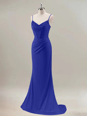 Royal Blue Mermaid Spaghetti Straps Corset Long Prom Dress With Beading