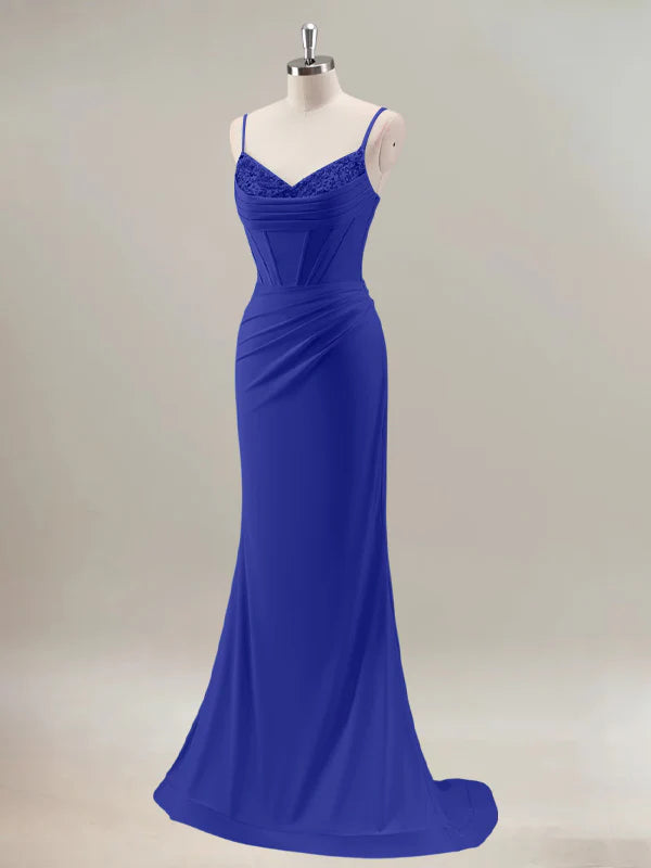 Royal Blue Mermaid Spaghetti Straps Corset Long Prom Dress With Beading