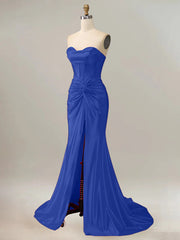 Royal Blue Mermaid Strapless Sweetheart Corset Long Prom Dress with Slit