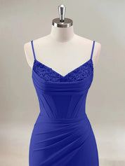 Royal Blue Mermaid Spaghetti Straps Corset Long Prom Dress With Beading
