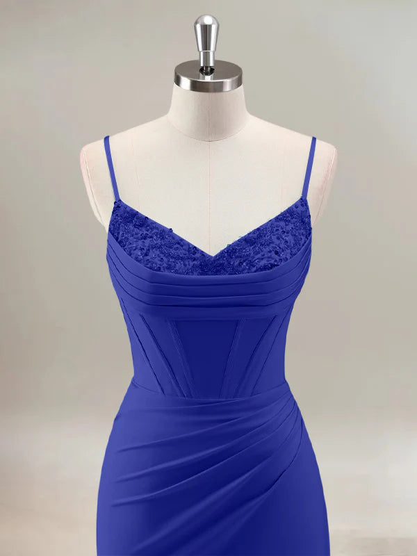 Royal Blue Mermaid Spaghetti Straps Corset Long Prom Dress With Beading