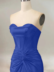 Royal Blue Mermaid Strapless Sweetheart Corset Long Prom Dress with Slit