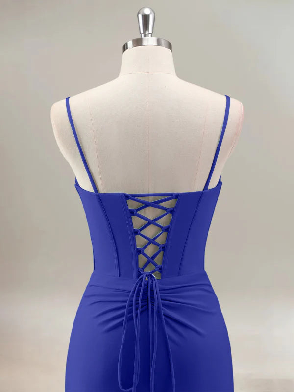 Royal Blue Mermaid Spaghetti Straps Corset Long Prom Dress With Beading