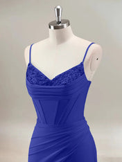 Royal Blue Mermaid Spaghetti Straps Corset Long Prom Dress With Beading
