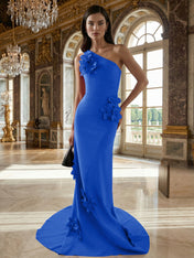 A Line One Shoulder Sleeveless Floor Length Stretch Crepe Dress With 3D Flowers