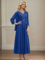 A-line V-Neck Ankle-Length Chiffon Mother of the Bride Dress With Sequins Appliques Lace Beading