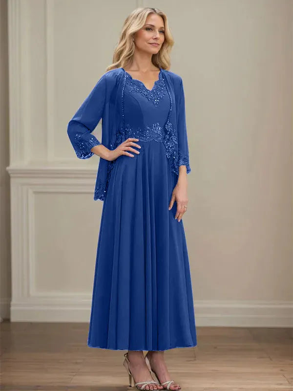 A-line V-Neck Ankle-Length Chiffon Mother of the Bride Dress With Sequins Appliques Lace Beading