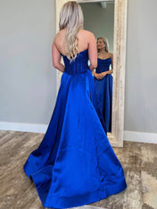 Royal Blue A-Line Strapless Pleated Satin Long Prom Dress