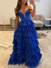 Royal Blue A Line Off The Shoulder Tiered Long Prom Dress with Slit