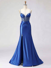 Royal Blue Beaded Corset Satin Prom Dress with High Slit