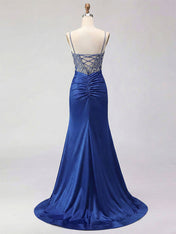 Royal Blue Beaded Corset Satin Prom Dress with High Slit