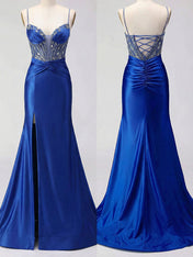 Royal Blue Beaded Corset Satin Prom Dress with High Slit