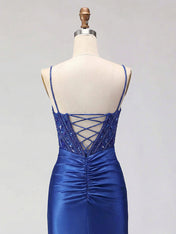 Royal Blue Beaded Corset Satin Prom Dress with High Slit