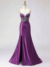 Royal Blue Beaded Corset Satin Prom Dress with High Slit