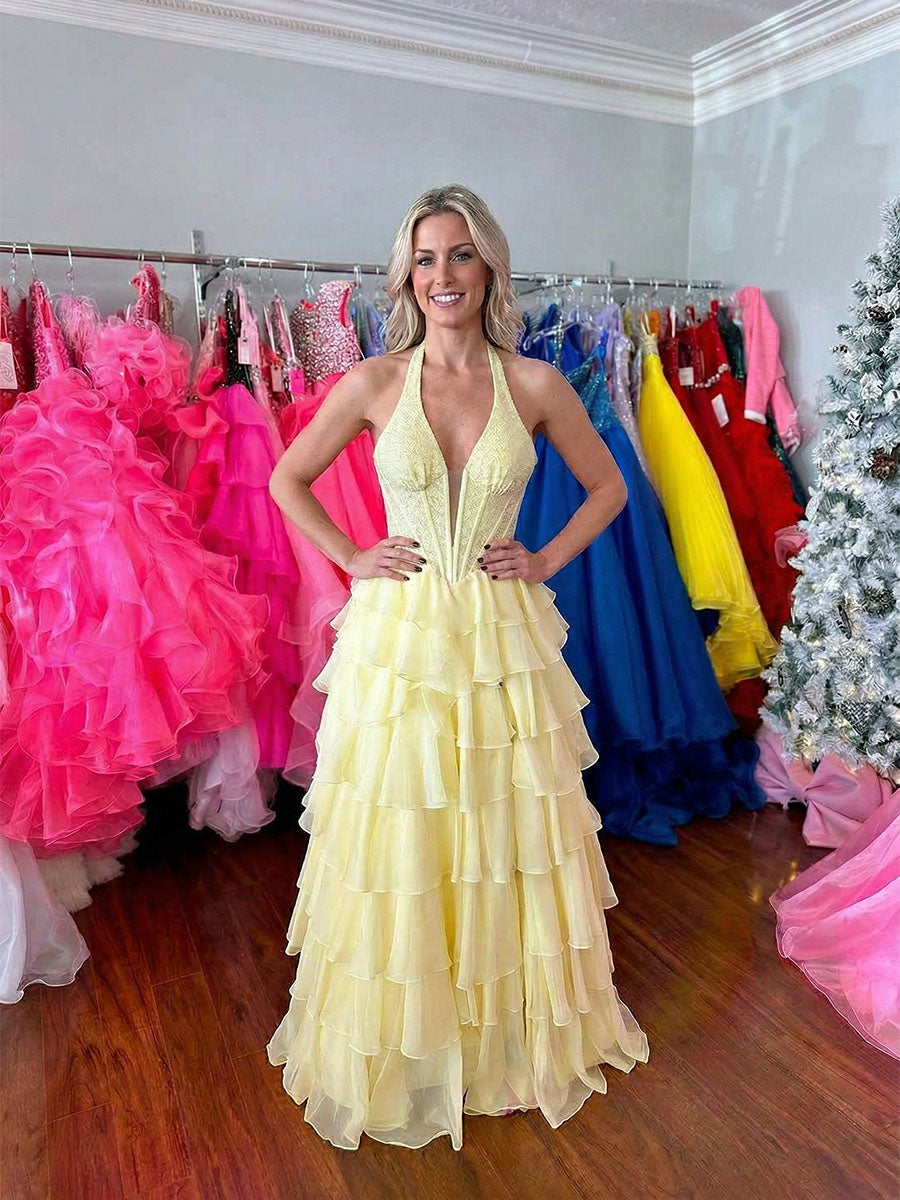 Royal Blue Beaded Halter Tiered Ruffle Prom Dresses