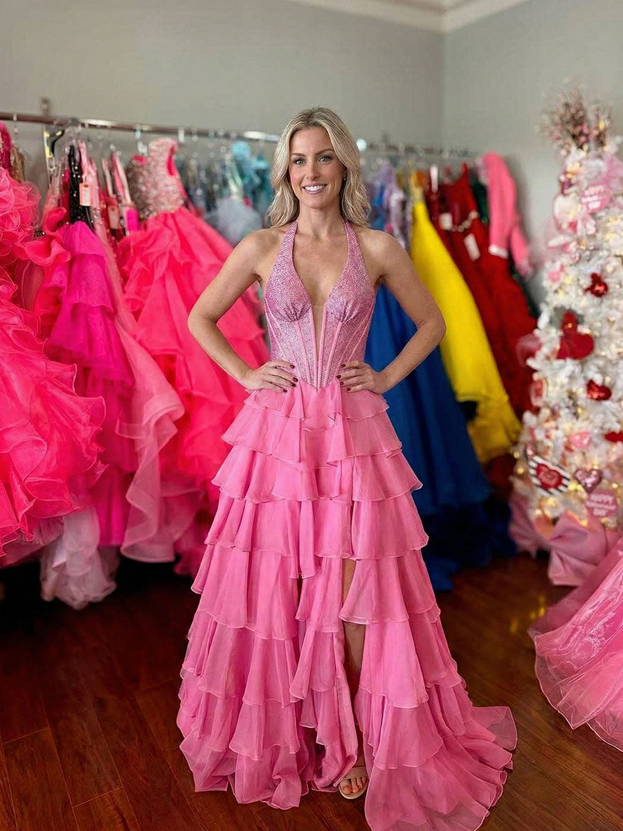 Royal Blue Beaded Halter Tiered Ruffle Prom Dresses