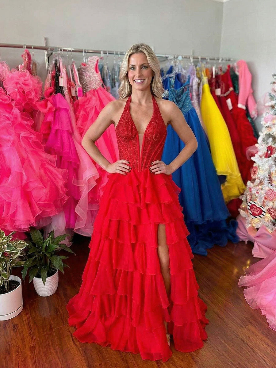 Royal Blue Beaded Halter Tiered Ruffle Prom Dresses