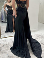 Royal Blue Beaded Lace Corset Satin Prom Dress with Slit