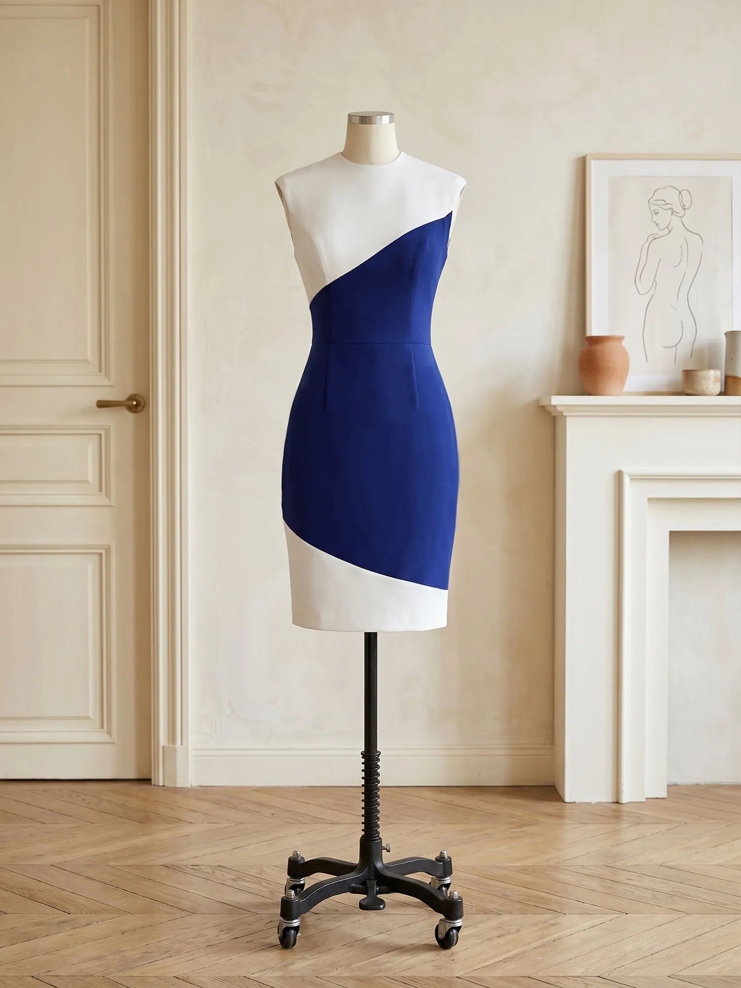 Royal Blue Color-Block Sleeveless Midi Sheath Dress Formal Evening Dresses