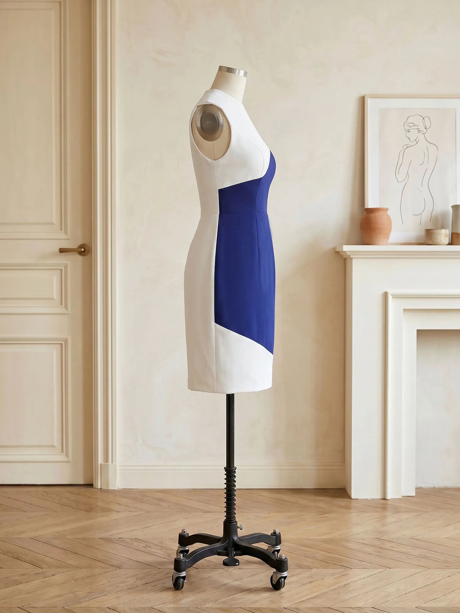 Royal Blue Color-Block Sleeveless Midi Sheath Dress Formal Evening Dresses