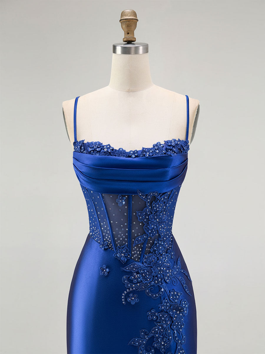 Royal Blue Mermaid Beaded Appliqued Corset Prom Dress with Slit