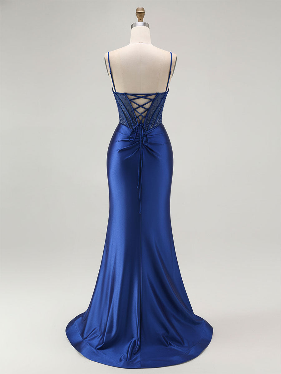 Royal Blue Mermaid Beaded Appliqued Corset Prom Dress with Slit