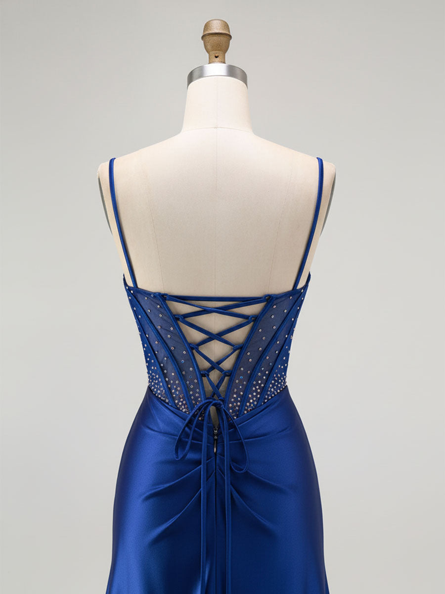 Royal Blue Mermaid Beaded Appliqued Corset Prom Dress with Slit