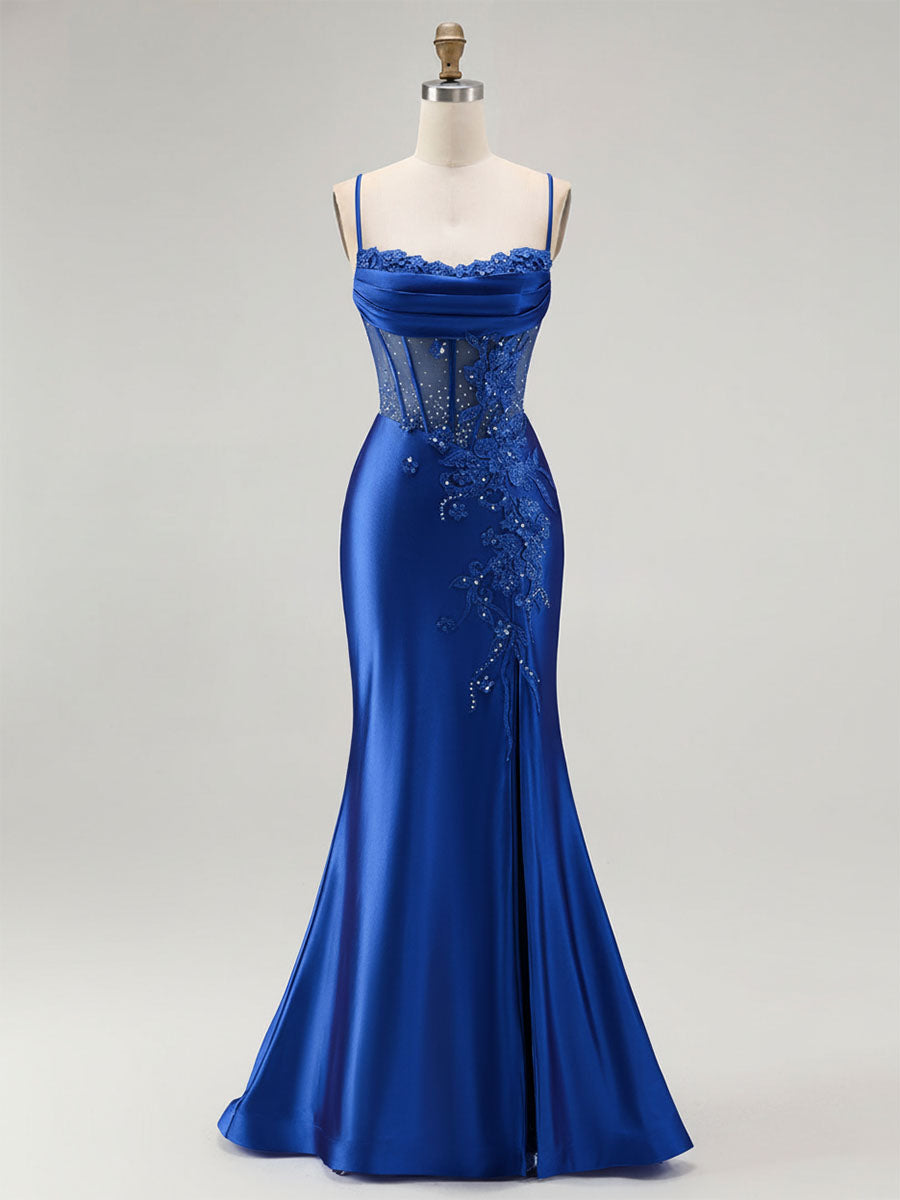 Royal Blue Mermaid Beaded Appliqued Corset Prom Dress with Slit