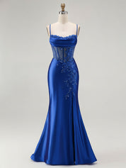 Royal Blue Mermaid Beaded Appliqued Corset Prom Dress with Slit