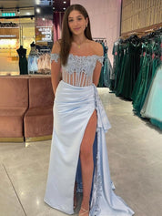 Royal Blue Off the Shoulder Satin Beaded Long Prom Dress with Appliques