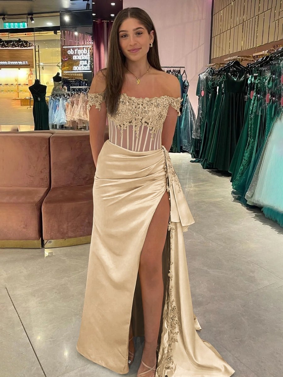 Royal Blue Off the Shoulder Satin Beaded Long Prom Dress with Appliques