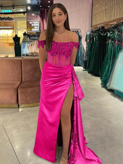 Royal Blue Off the Shoulder Satin Beaded Long Prom Dress with Appliques
