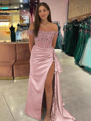 Royal Blue Off the Shoulder Satin Beaded Long Prom Dress with Appliques