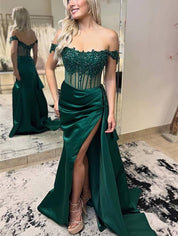 Royal Blue Off the Shoulder Satin Beaded Long Prom Dress with Appliques