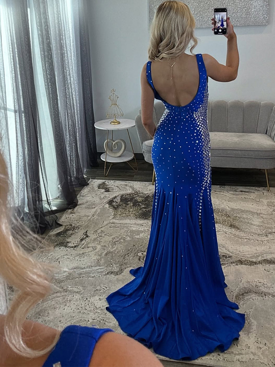 Royal Blue Rhinestone & Mirror Embellished Long Prom Dress with Slit