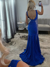 Royal Blue Rhinestone & Mirror Embellished Long Prom Dress with Slit