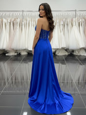Royal Blue Satin A-Line Beaded Corset Bodice Prom Dress with High Slit