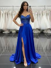 Royal Blue Satin A-Line Beaded Corset Bodice Prom Dress with High Slit